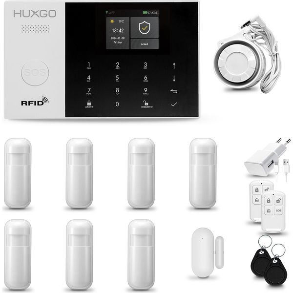 Huxgo HXA005 Sistema Di Allarme Casa Wifi + Gsm 2G Con Sirena Sistema Di Allarme Con 7X Sensori Di Movimento E Sensore Porta-Finestra, Sistema Di Allarme Per Appartamento, Casa, Garage, Tuya Smartlife App-image