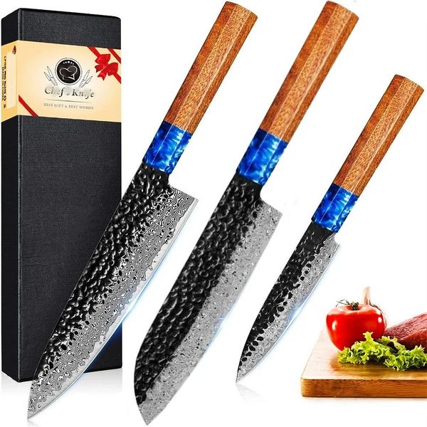 Set Di Coltelli Da Chef, Acciaio Damasco, Manico Ergonomico In Palissandro, Set Di Tre Pezzi-image
