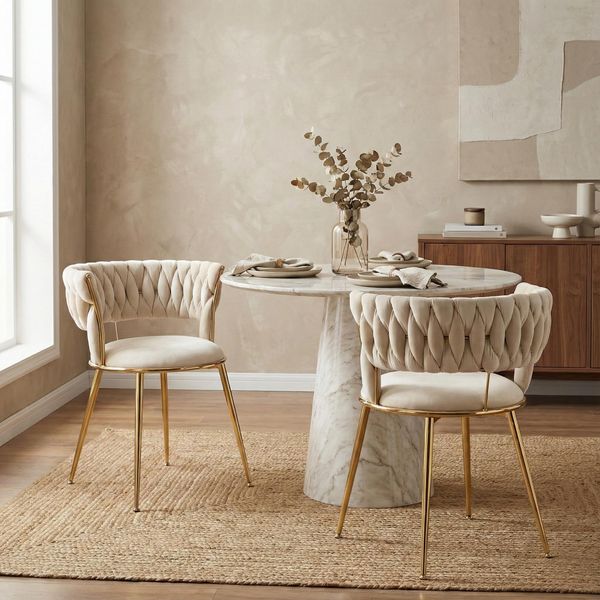 Lvhom Sedia Da Pranzo Set Di 2 Sedie In Velluto Con Schienale, Sedia Da Cucina Imbottita Con Gambe In Metallo Dorato, Avorio-image