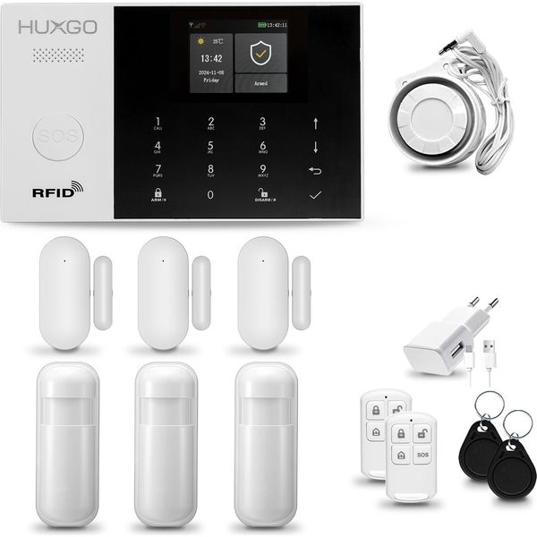 Huxgo HXA005 Sistema Di Allarme Casa Wifi + Gsm 2G Con Sirena Sistema Di Allarme Con 3X Sensore Di Movimento E 3X Sensore Porta-Finestra, Sistema Di Allarme Per Appartamento, Casa, Garage, Tuya Smartlife App-image