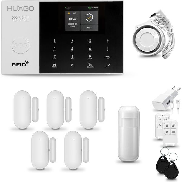 Huxgo HXA005 Sistema Di Allarme Casa Wifi + Gsm 2G Con Sirena Sistema Di Allarme Con Sensore Di Movimento E 5X Sensori Porta-Finestra, Sistema Di Allarme Per Appartamento, Casa, Garage, App Tuya Smartlife-image