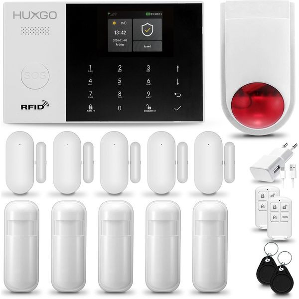 Huxgo HXA005 Sistema Di Allarme Casa Wifi + Gsm 2G Con Sirena Wireless Sistema Di Allarme Con 5X Sensori Di Movimento E 5X Sensori Porta-Finestra, Sistema Di Allarme Per Appartamento, Casa, Garage, App Tuya Smartlife-image
