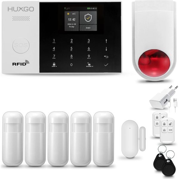Huxgo HXA005 Sistema Di Allarme Casa Wifi + Gsm 2G Con Sirena Wireless Sistema Di Allarme Con 5X Sensori Di Movimento E Sensore Porta-Finestra, Sistema Di Allarme Per Appartamento, Casa, Garage, App Tuya Smartlife-image