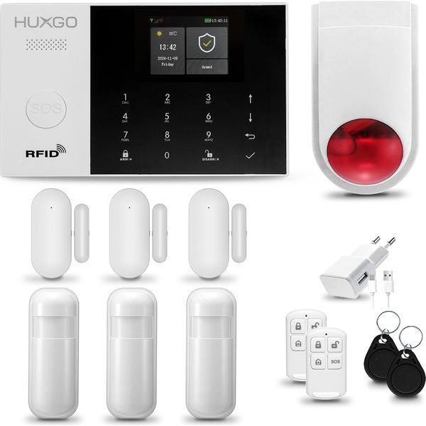 Huxgo HXA005 Sistema Di Allarme Casa Wifi + Gsm 2G Con Sirena Wireless Sistema Di Allarme Con 3X Sensore Di Movimento E 3X Sensore Porta-Finestra, Sistema Di Allarme Per Appartamento, Casa, Garage, Tuya Smartlife App-image