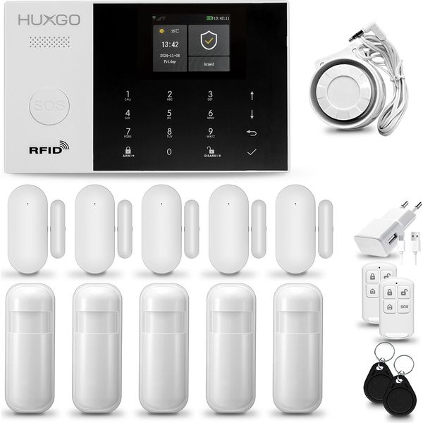 Huxgo HXA005 Sistema Di Allarme Casa Wifi + Gsm 2G Con Sirena Sistema Di Allarme Con 5X Sensori Di Movimento E 5X Sensori Porta-Finestra, Sistema Di Allarme Per Appartamento, Casa, Garage, App Tuya Smartlife-image