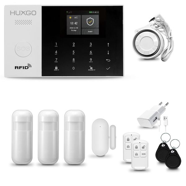 Huxgo HXA005 Sistema Di Allarme Casa Wifi + Gsm 2G Con Sirena Sistema Di Allarme Con 3X Sensore Di Movimento E Sensore Porta-Finestra, Sistema Di Allarme Per Appartamento, Casa, Garage, Tuya Smartlife App-image