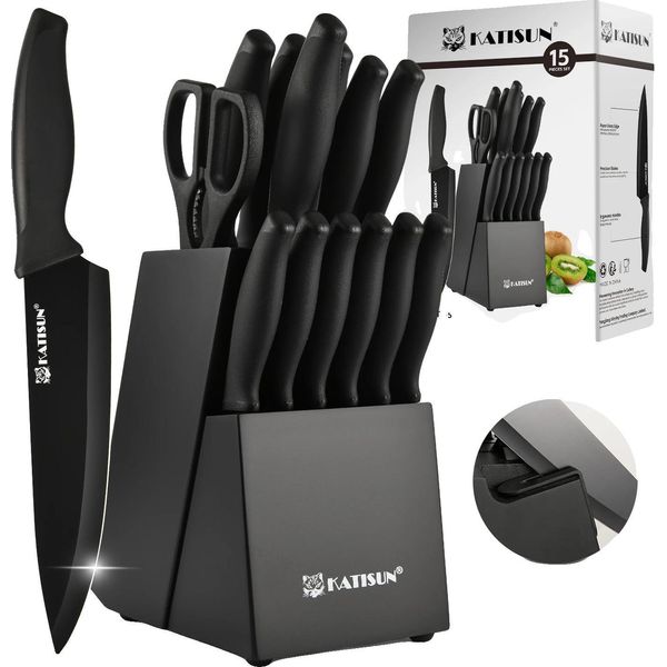 Set Di Coltelli Da Cucina, Acciaio Ad Alto Tenore Di Carbonio, 15 Pezzi, Lunghezza Lama 14,5 Cm, Impugnatura Ergonomica, Angolo Di Lama Superiore A 60°-image