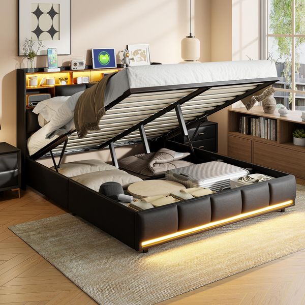 Unboxg Letto Contenitore Idraulico 140×190 Cm, Letto Imbottito Matrimoniale Con Led E Funzione Di Ricarica Usb, Struttura Letto Funzionale Con Vano Contenitore E Rete A Doghe, Pu, Nero-image