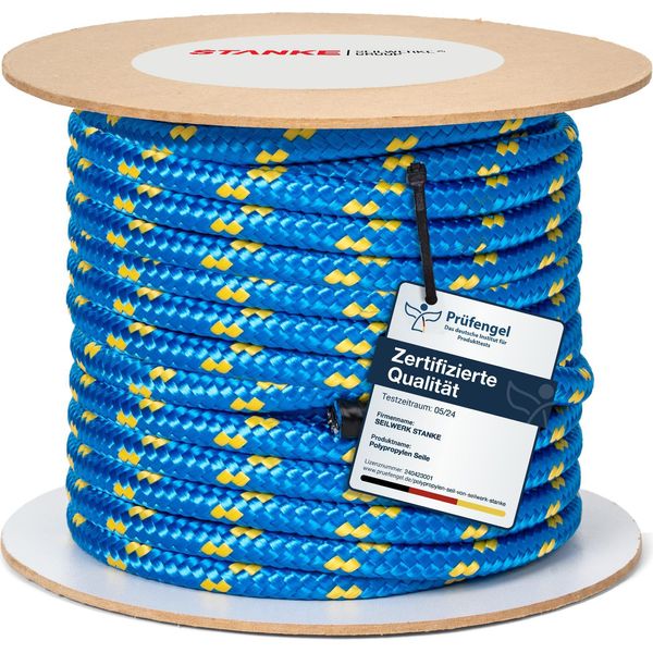 Seilwerk Stanke Corda Polipropilene Blu Con Inserti Gialli 20 Mm 30M - Cavo Stendibiancheria Per Esterno - Corda Resistente Per Il Trasporto, La Nautica, La Costruzione-image
