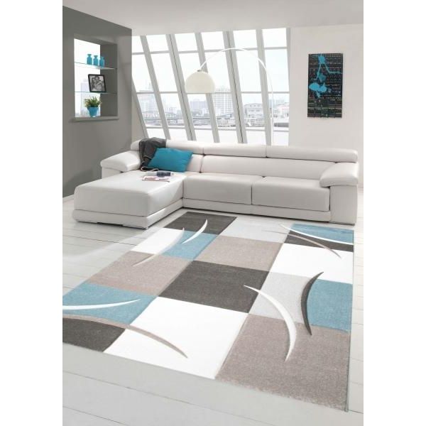 Tappeto Di Design Tappeto Moderno Tappeto Per Il Soggiorno Tappeto A Pelo Corto Con Motivo A Quadri Sagomati Colori Pastello Blu Crema Beige Grigio Scuro Dimensioni - 80 X 300 Cm-image