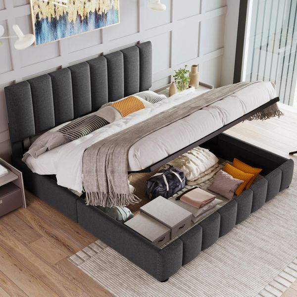 Letto Merax A Molle Idrauliche 140X200Cm Con Rete, Testata Regolabile In Altezza E Rete A Doghe, Letto Imbottito Letto Matrimoniale Contenitore In Lino, Grigio-image
