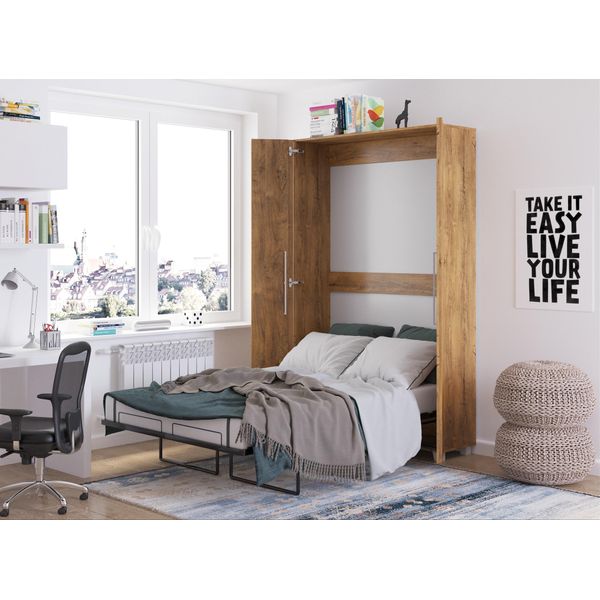 Letto A Parete Armadio Letto Teddy 120X200 Rovere Borgogna Letto Verticale A Scomparsa A Parete, Armadio Letto A Scomparsa, Armadio Con Letto A Scomparsa Integrato, Letto Funzionale Incl. Rete A Doghe-image