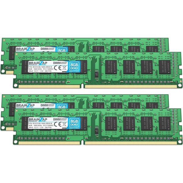 Brainzap 32GB DDR3 Ram Dimm PC3-12800U 2Rx8 1600 Mhz 1.5V CL11 Computer Pc Memory (4X 8GB)-image