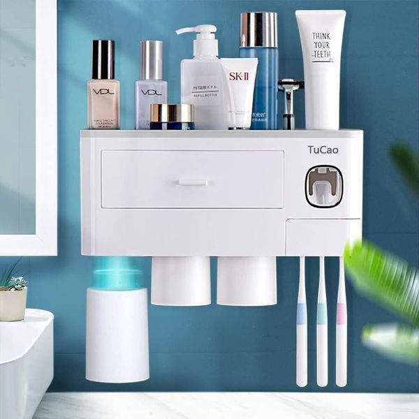 Distributore Automatico Di Dentifricio Con Portaspazzolino, Montaggio A Parete, 7 Alloggiamenti Per Spazzolini Con Coperchio Antipolvere, 3 Tazze Magnetiche E Cassetto Organizzatore Per Cosmetici (3 Tazze)-image