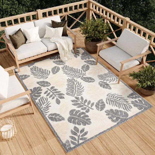 Tappeto Soggiorno Esterno Interno Camera Da Letto Design Moderno Terrazza Balcone Crema Grigio 120 X 170 Cm-image