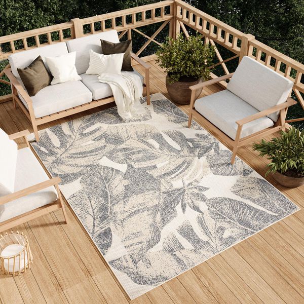Tappeto Soggiorno Esterno Interno Camera Da Letto Design Moderno Terrazza Balcone Crema Grigio 140 X 200 Cm-image
