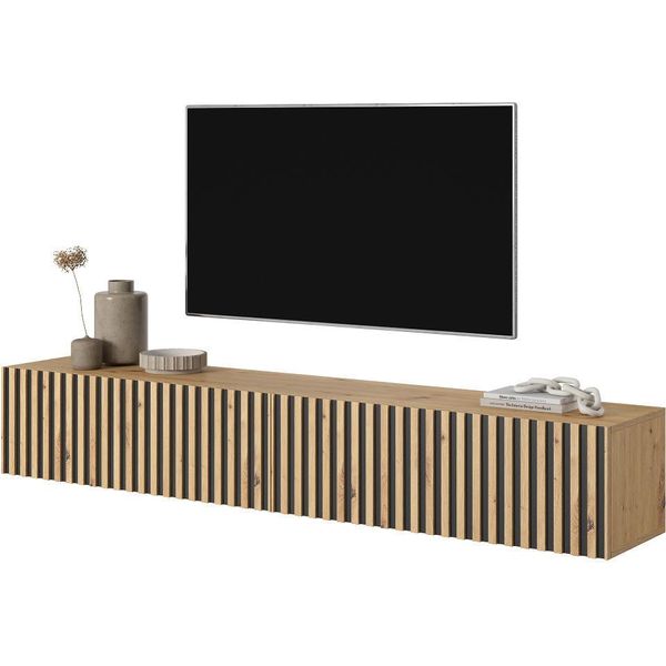 Credenza Tv Selsey Telire Wotan Con Doghe In Rovere E Inserti Neri, Larghezza 175 Cm-image