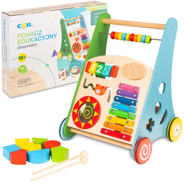 Coil Carrozzina In Legno 3 In 1, Giocattolo Educativo, Giocattolo Musicale, Girello, Labirinto, Abaco, Cimbali, Tamburo, Selezionatore Di Blocchi, Da 12 Mesi, Colorato-image