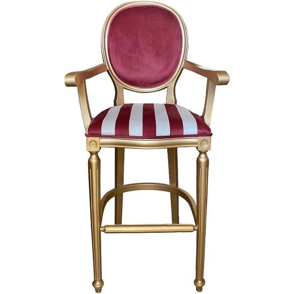 Casa Padrino Sgabello Barocco Con Braccioli Rosso Bordeaux / Bianco / Oro - Sgabello Bar In Velluto A Righe In Stile Antico - Mobili Barocchi Fatti A Mano-image