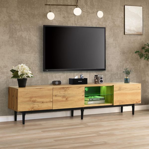 Merax Tv Lowboard, Illuminazione Led Con Telecomando, Con Ripiano In Vetro, Rovere-image