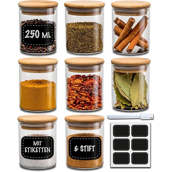 Set Di 8 Barattoli Per Spezie Da 250 Ml Con Etichette E Penna Per Etichettatura - Ermetici - Lavabili In Lavastoviglie - Barattoli Per Spezie Ed Erbe Aromatiche-image