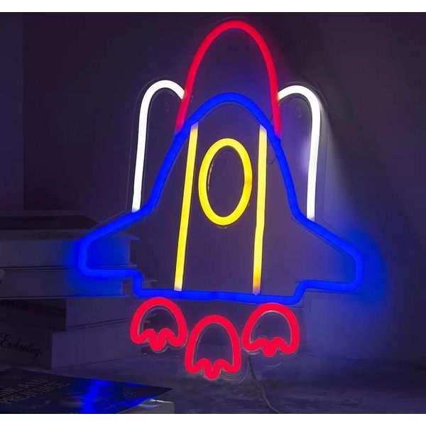 Luce Led Neon, Applique Decorativa, Razzo Space Shuttle Blu, Circa 42 X 32,5 X 2 Cm-image