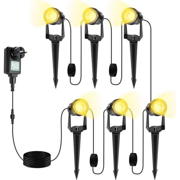Jiubiaz Faretto Da Giardino A Led Con Picchetto A Terra Set Di 6, Luce Da Giardino Illuminazione Da Giardino Con Spina Impermeabile IP65 Bianco Caldo-image