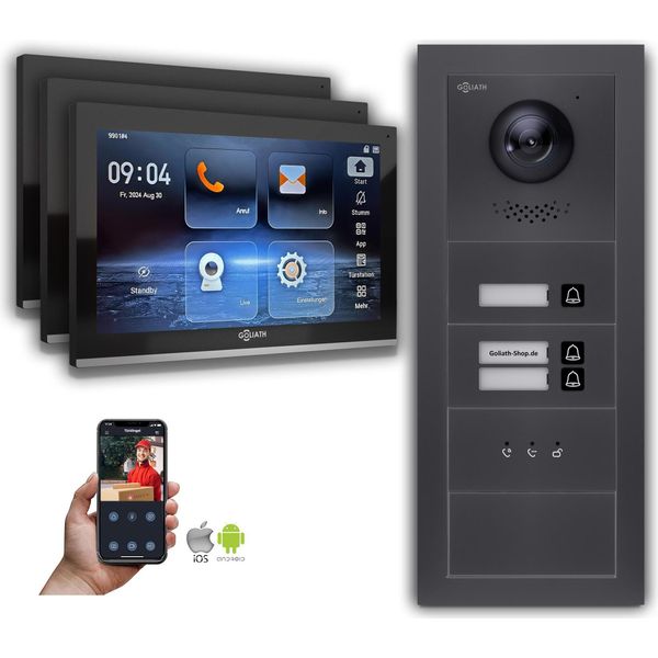Videocitofono Ip Goliath: Casa Trifamiliare Da 10 Pollici, Display, Antracite : 10 Pollici In Nero : Scatola Da Incasso : 4 Connessioni Poe Via:: 4 Poe Selezione Monitor: 10 Pollici In Nero Scatola Di Montaggio Campanello: Scatola Da Incasso-image