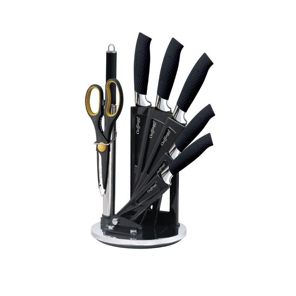 Set Di 8 Coltelli Da Cuoco Supporto Per Coltelli Girevole Blocco Di Coltelli In Gomma Nero-image