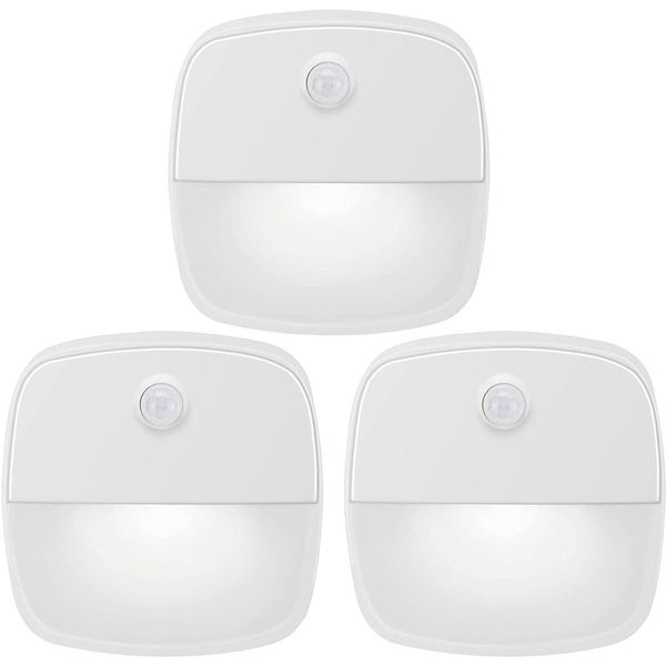 3 Pezzi Led Luce Notturna A Batteria Bianca Con Rilevatore Di Movimento Per Scale, Camera Da Letto, Corridoio-image