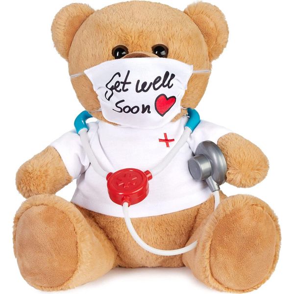 Brubaker Orsetto Di Peluche Con Mascherina E Stetoscopio - Get Well Soon - 35 Cm - Orsetto Di Peluche Con Camice Da Dottore Bianco - Peluche Di Peluche - Marrone Chiaro-image