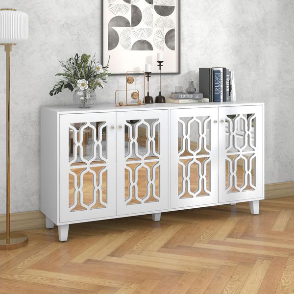 Credenza Merax Con Frontale A Specchio E Motivo A Traliccio, Credenza Con Elemento A Specchio-image