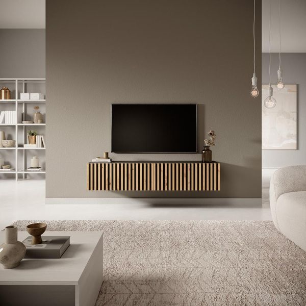 Credenza Tv Selsey Telire Nero Con Rovere Wotan - Frontali A Doghe ,Larghezza 140 Cm-image