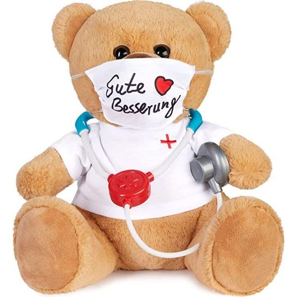Brubaker Orsetto Di Peluche Con Paradenti E Stetoscopio - Guarisci Presto - 35 Cm - Orsetto Di Peluche Con Camice Da Dottore Bianco - Peluche Orsetto Di Peluche - Marrone Chiaro-image