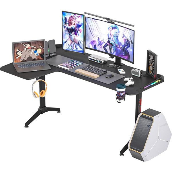Wisfor Led Rgb Scrivania Da Gioco A Forma Di L, Scrivania Da Gioco, Scrivania Da Computer A Forma Di L, Scrivania In Fibra Di Carbonio, Scrivania Ergonomica Scrivania Da Computer Per Giocatori, Extra Stabile, 162 X 100 Cm, Sinistra-image
