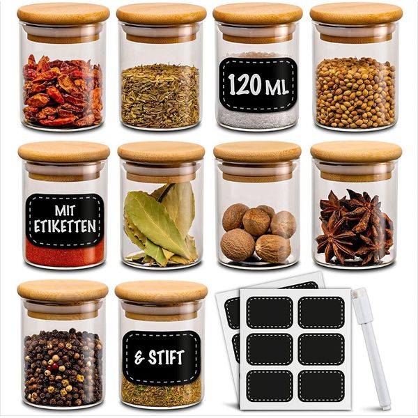 Set Di 10 Barattoli Per Spezie Da 120 Ml Con Etichette E Penna Per Etichettare - Ermetici - Lavabili In Lavastoviglie - Barattoli Per Spezie Ed Erbe Aromatiche-image