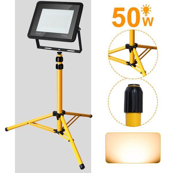 Fiqops Led Proiettore Da Costruzione Proiettore Da Lavoro Con Treppiede 50W Bianco Caldo-image