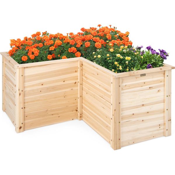 Costway Letto Da Giardino Rialzato In Legno, Cassetta Per Piante, Letto Per Piante A Forma Di L, Cassetta Per Erbe Aromatiche Telaio Superiore 120X120X63Cm Natura-image