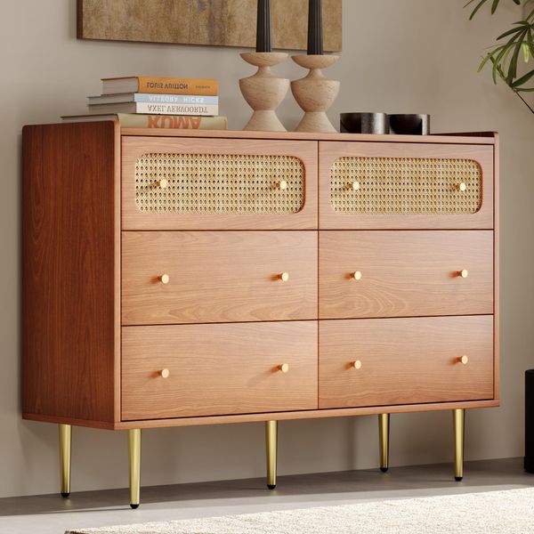 Credenza Merax 120 Cm Con 6 Cassetti, Cassettiera In Legno Massiccio Con Intreccio In Rattan, Credenza In Legno Con Gambe In Metallo, Aspetto Vintage In Noce, Soggiorno-image
