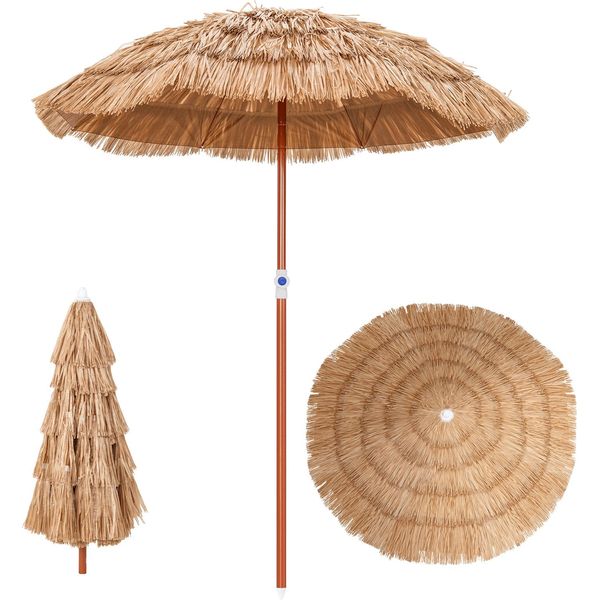 Costway Ombrellone Hawaii, Ombrellone Da Spiaggia In Pp-Straw Inclinabile, Ombrellone Da Giardino Ombrellone Da Mercato Regolabile In Altezza, Protezione Uv, Ombrellone In Pp-Straw Con Borsa Da Trasporto-image