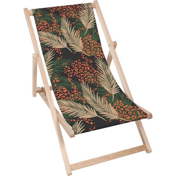 Lettino Pieghevole In Legno Dreamroots, Fino A 130 Kg, Lettino Pieghevole Con Regolazione Dell'inclinazione Dello Schienale In 3 Fasi, Foglie Di Palma Leopardate-image
