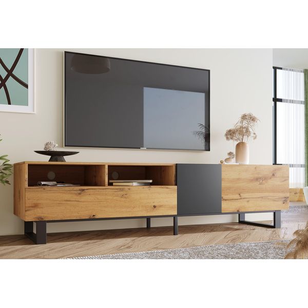 Fortuna Lai Lowboard Natural Mobile Tv In Piedi (Set, Con 2 Ante, 2 Cassetti E 2 Ripiani), Design Bicolore, Vintage Industrial, Larghezza 180 Cm-image