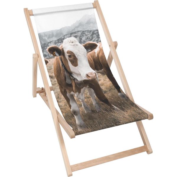 Lettino Dreamroots Pieghevole In Legno, Legno Di Faggio Fino A 130 Kg, Lettino Pieghevole Con Regolazione Dell'inclinazione Dello Schienale In 3 Fasi, Cow-image