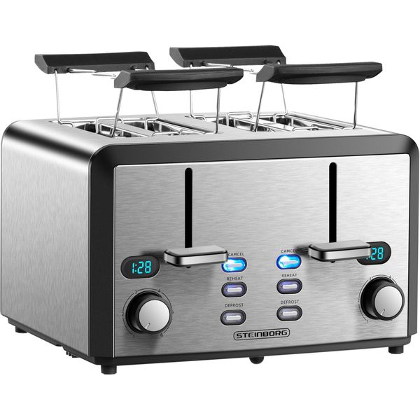 Steinborg Tostapane Xxl 4 Fessure Per Tostatura | Tostapane Xxl | 1600 Watt | Controllo Della Doratura A 6 Livelli | 2X Attacco Per Panino | Funzione Di Scongelamento | 2X Vassoi Per Briciole | Acciaio Inox | Tostapane A 4 Pieghe | Display Led..-image