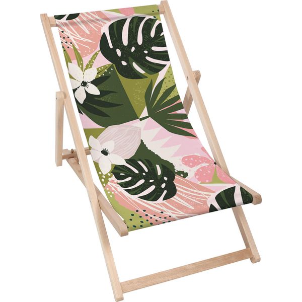 Lettino Pieghevole In Legno Dreamroots, Fino A 130 Kg, Lettino Pieghevole Con Regolazione Dell'inclinazione Dello Schienale In 3 Fasi, Tropical Collage Floral-image