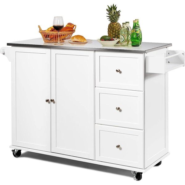 Costway Carrello Da Cucina Con Piano Di Lavoro In Acciaio Inox, Isola Da Cucina Con 3 Cassetti E Ripiano Regolabile E Portasciugamani, Carrello Di Servizio Mobile, Mobile Da Cucina Su Rotelle, Carrello Da Cucina A Isola Bianco-image
