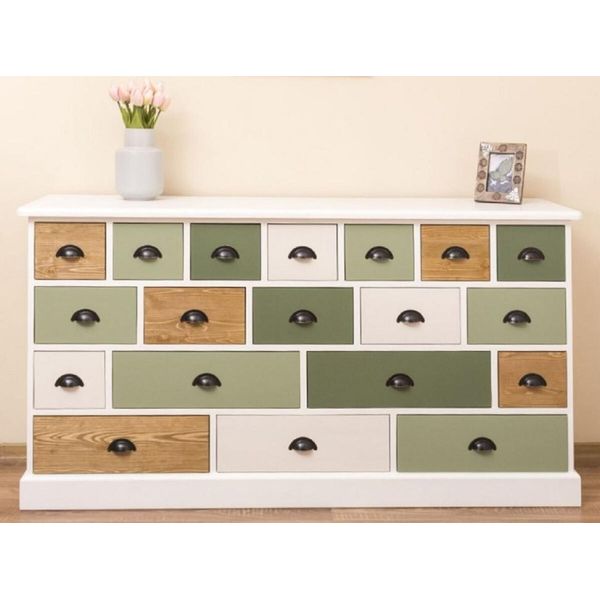 Casa Padrino Cassettiera In Stile Country Bianco/Verde/Naturale 180 X 48 X H. 95 Cm - Mobile In Legno Massiccio Con 19 Cassetti - Mobili In Stile Country - Mobili In Stile Country - Arredamento In Stile Country-image