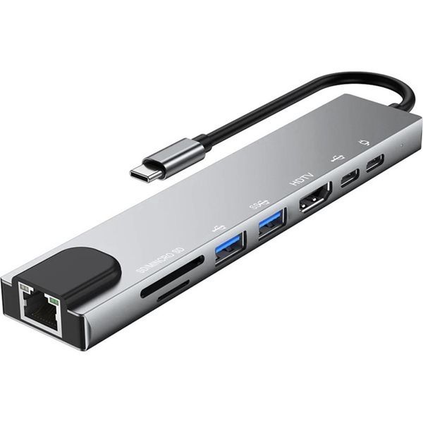 8-IN-1 Usb C Hub Type-C Docking Station Multiport Adapter Con 4K Hd RJ45 Ethernet Usb 3 Pd Charging Port Sd Tf Card Reader Compatibile Con Macbook Chromebook Matebook-image