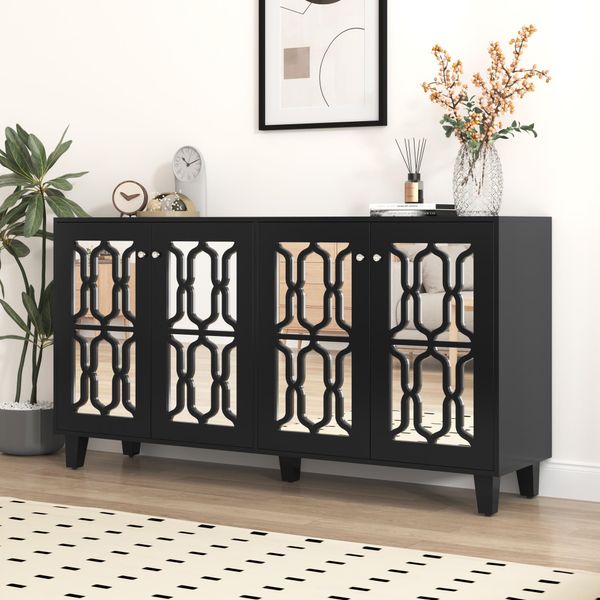 Cassettiera Fortuna Lai Con 4 Cassetti, Con Elementi A Specchio, Credenza Con Frontale A Specchio E Motivo Geometrico A Traliccio, Credenza Con Ampio Spazio Di Archiviazione, L/A/D:160/84/40 Cm (Nero)-image