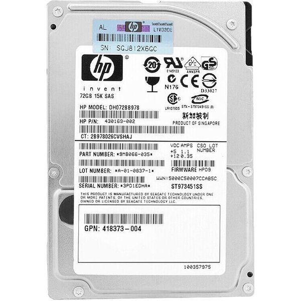 Disco Rigido Hp 72Gb DH072BB978 16Mb Cache 15 000Rpm Sas 2,5" Pollici 430169-002"-image